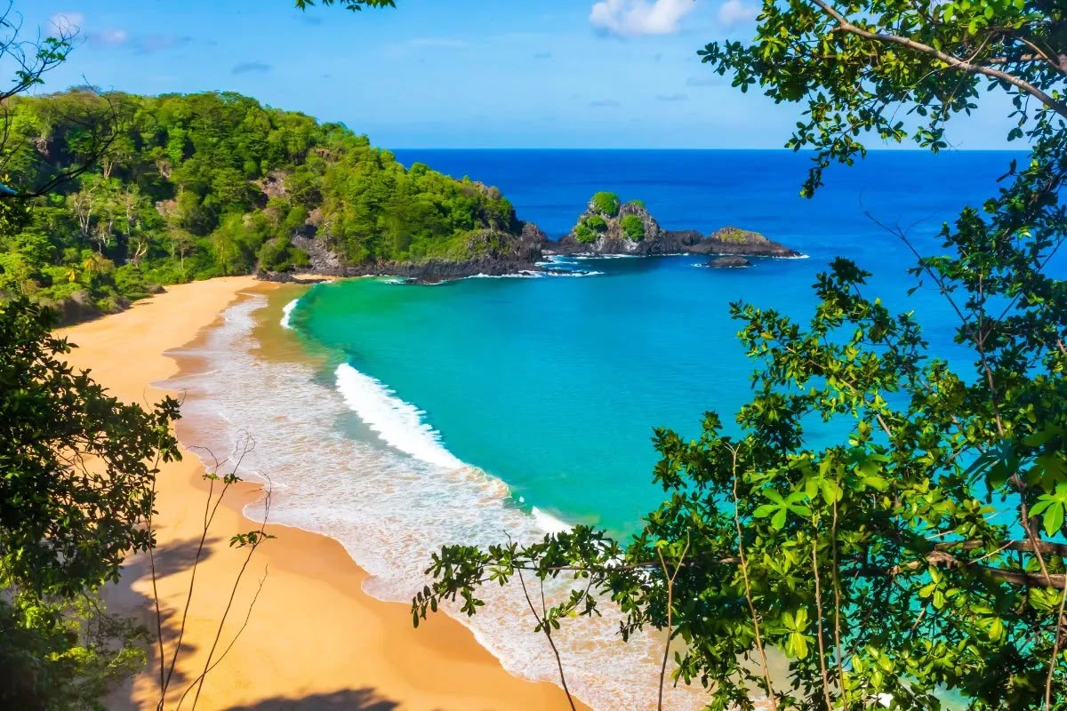 Praia cercada por vegetação e águas transparentes em Fernando de Noronha